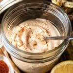 homemade lemon chili mayo in a mason jar.