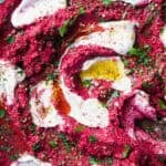 Mediterranean Beet Dip topped with labneh, parsley and za'atar.