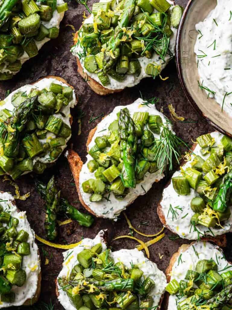 seven asparagus, burrata and goat's cheese crostini.