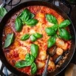 Gnocchi Alla Sorrentina in a cast iron skillet with fresh basil and a glass of wine on the side