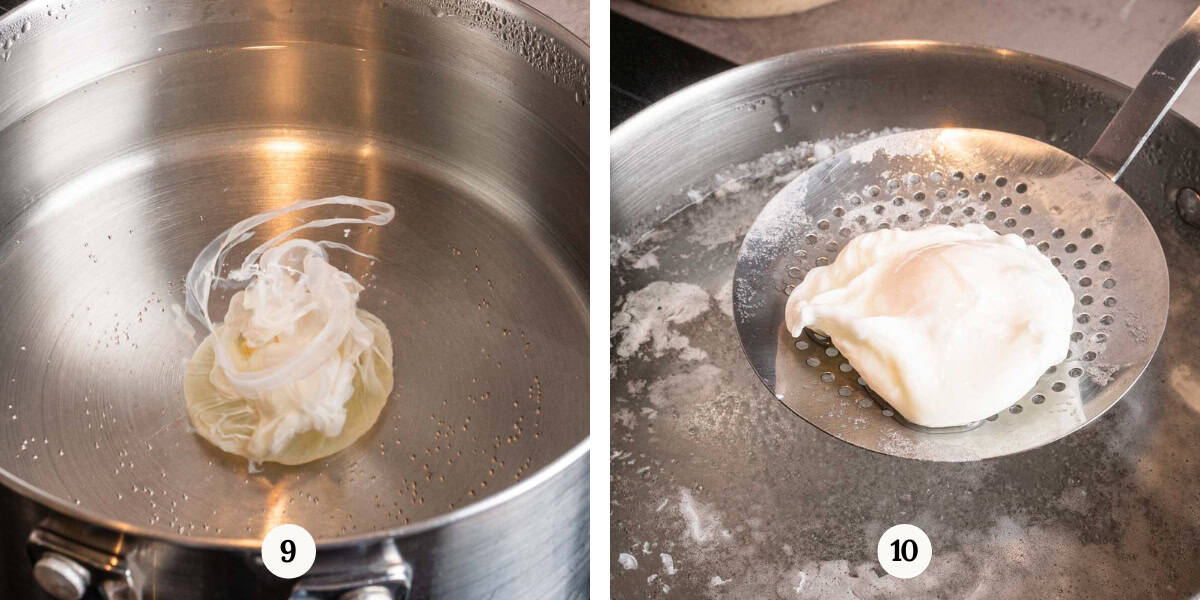 cooking poached eggs and removing it from a pot with a slotted spoon.