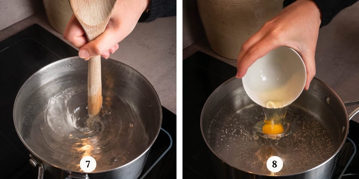 poaching an egg by making a vortex with water.