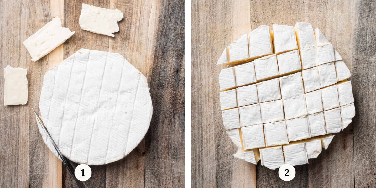 cutting brie cheese into cubes.