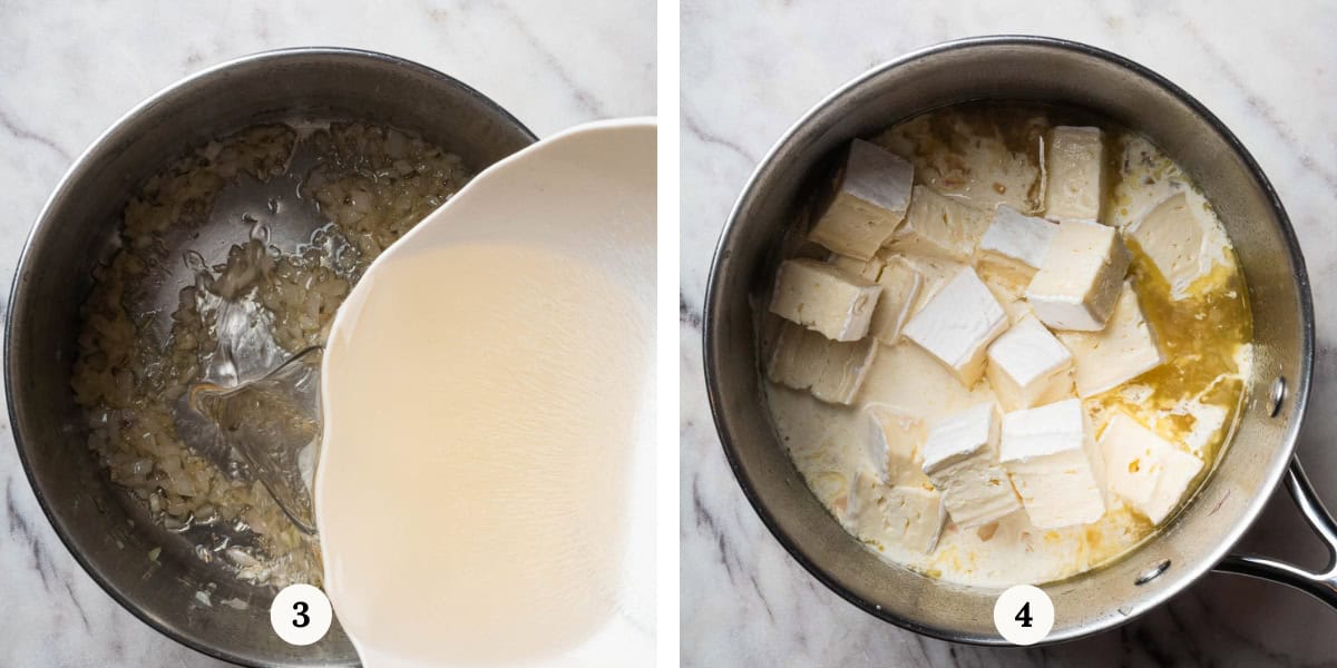 making brie sauce in a saucepan.