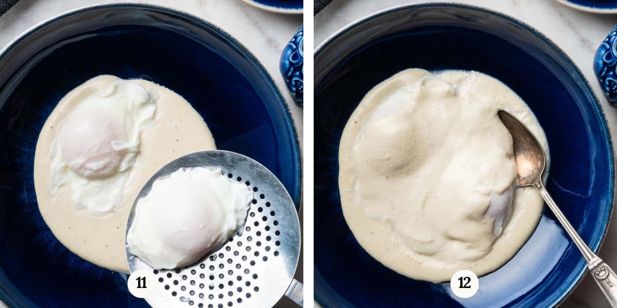 serving poached eggs and brie cheese sauce in a blue bowl.
