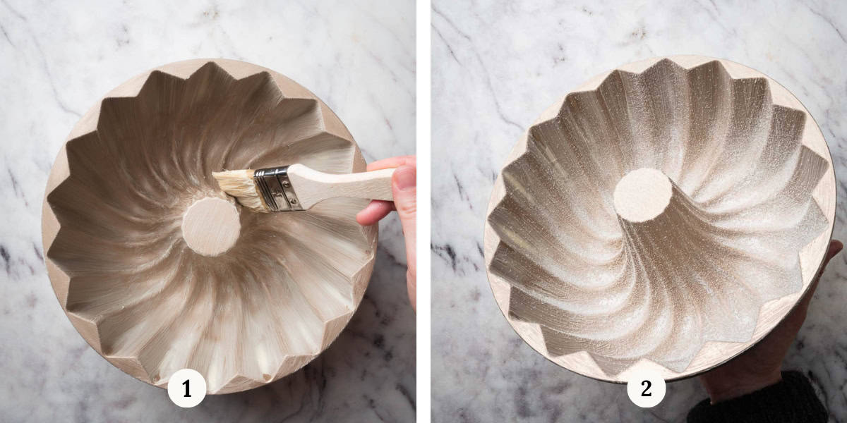 greasing a bundt pan and coating it with sugar.