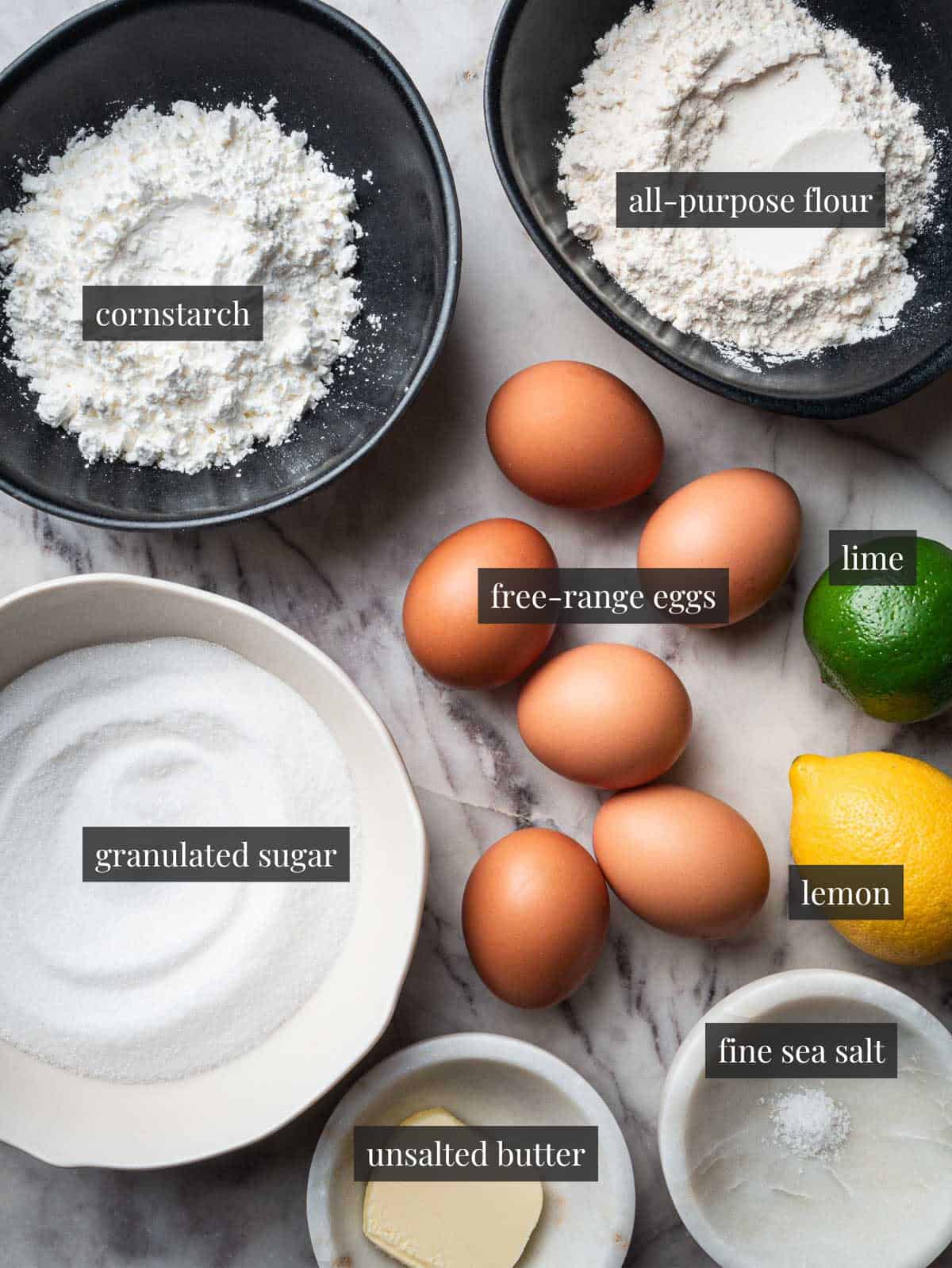 cornstrach, all-purpose flour, eggs, lemon, lime, granulated sugar, butter and salt. 