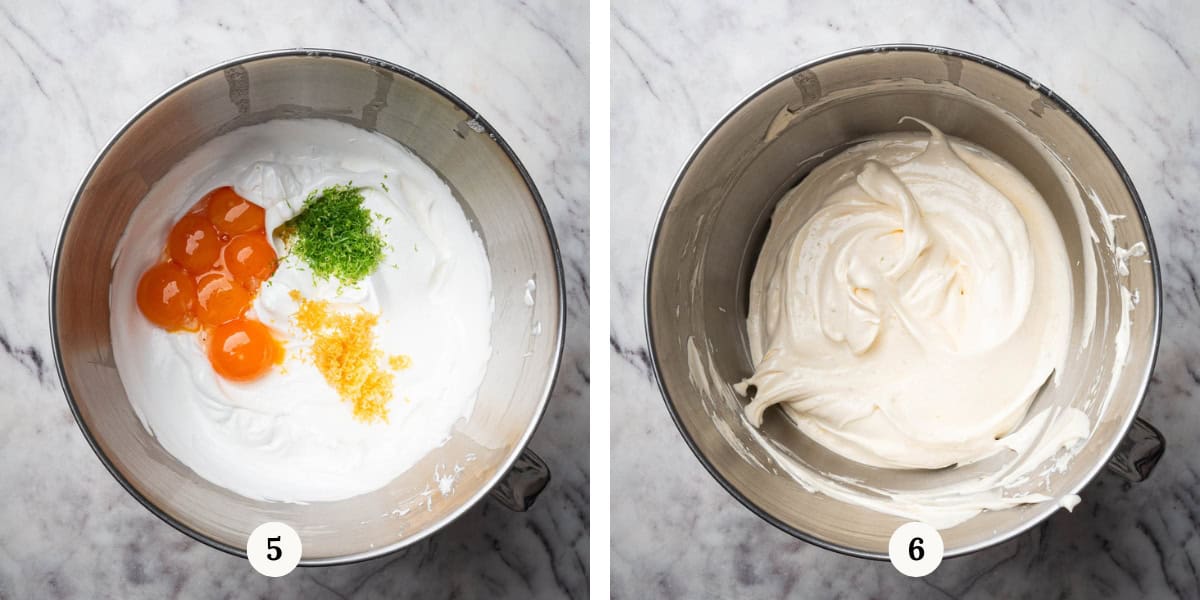 adding citrus zest and egg yolks to meringue.