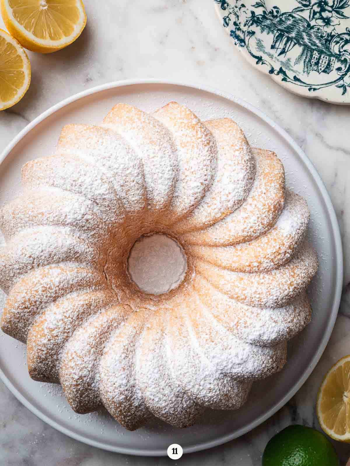 savoy cake dusted with powdered sugar in a white serving plate with citrus on the side.