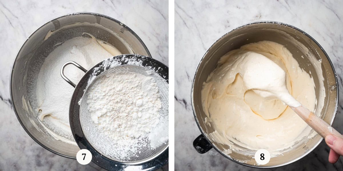 folding dry ingredients in savoy cake batter.