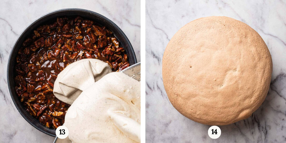 process of baking pecan upside down cake.