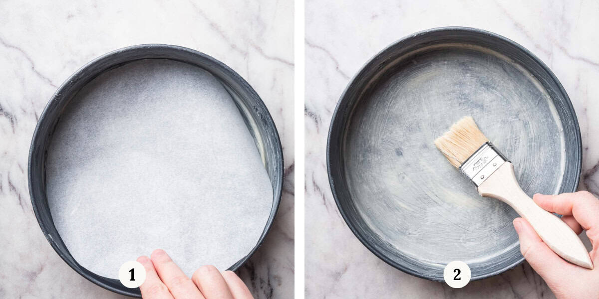 process of greasing a round pan with butter.