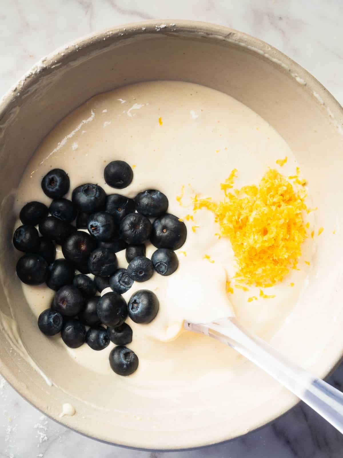 fresh blueberries and lemon zest added to pancake batter.