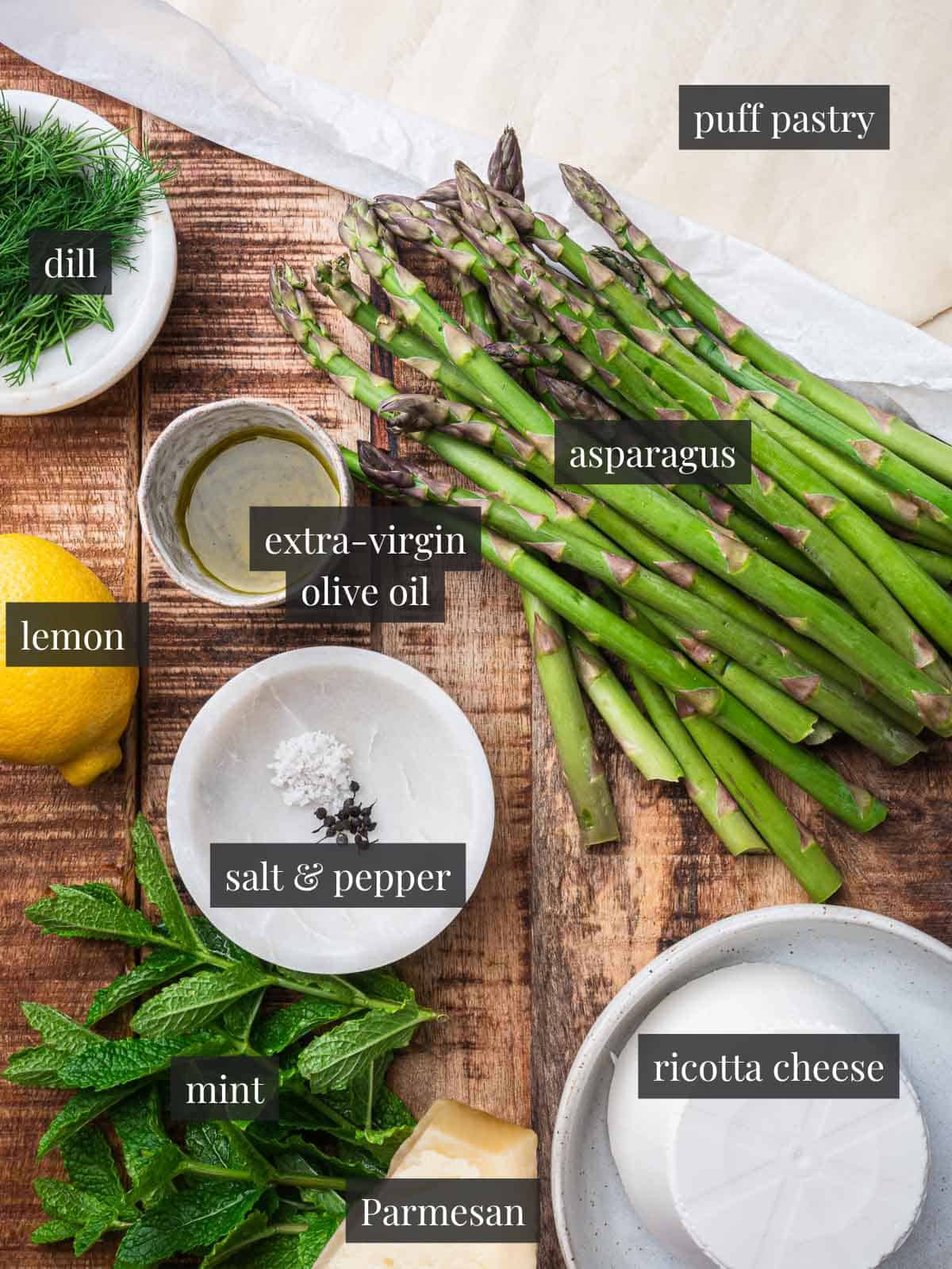 puff pastry, asparagus, dill, lemon, olive oil, mint, ricotta, Parmesan, salt and pepper.
