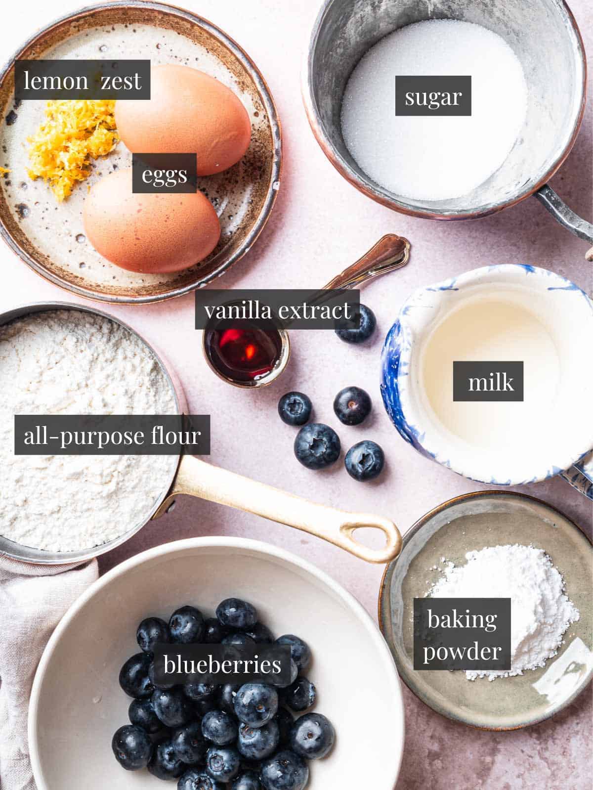 lemon zest, sugar, milk, flour, vanilla extract, blueberries, baking powder.