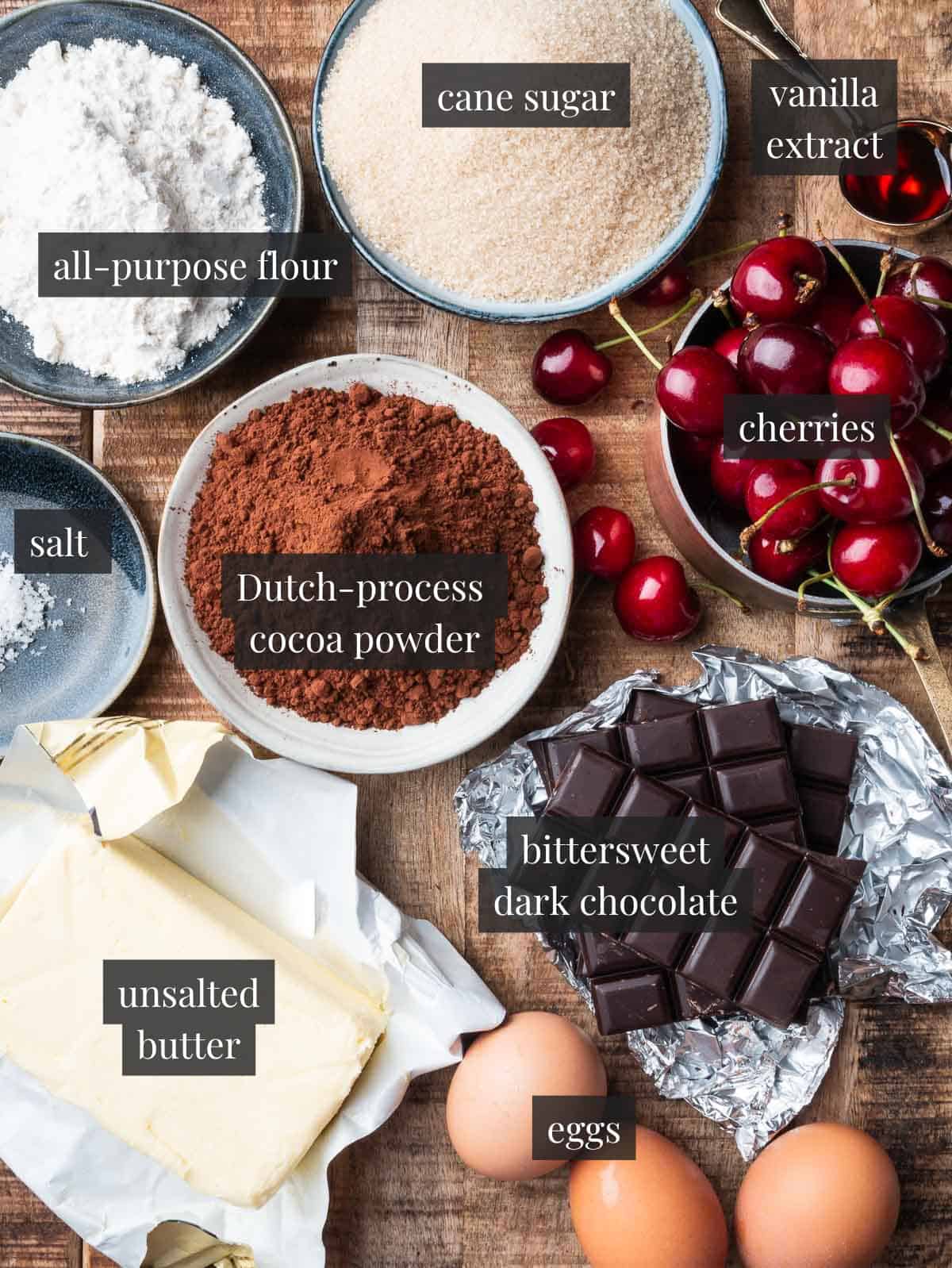 flour, cane sugar, cocoa powder, fresh cherries, dark chocolate, salt, unsalted butter and eggs.