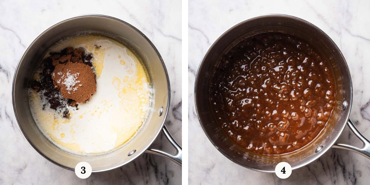 process of making homemade butterscotch sauce in a saucepan.
