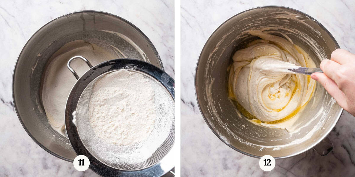 flour and melted butter being folded in génoise batter.