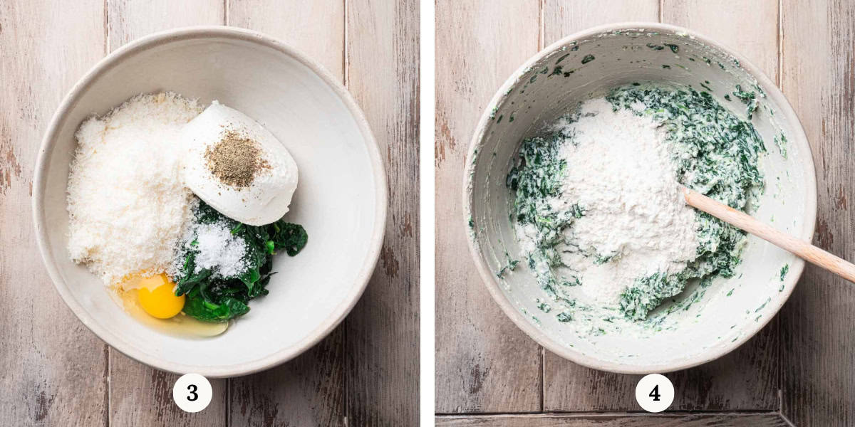 mixing gnudi ingredients.