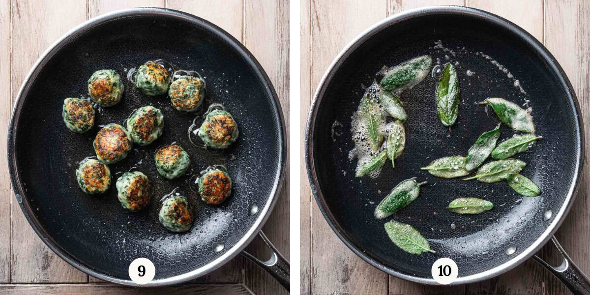 frying gnudi and sage leaves.
