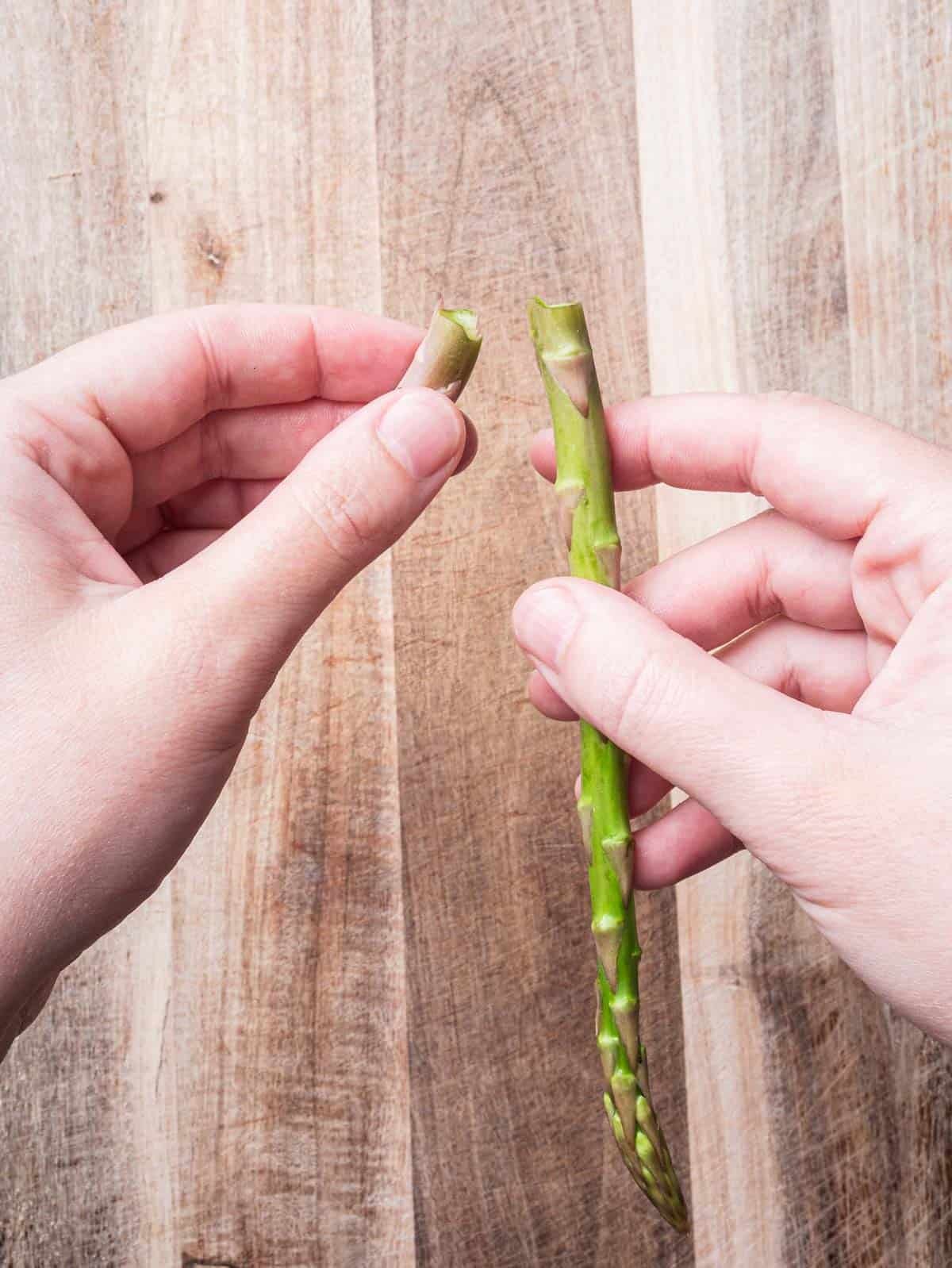 hands snapping an asparagus.