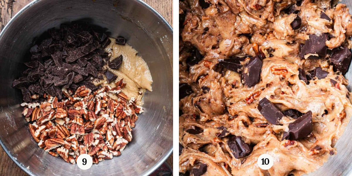 pecan and chocolate chunks being folded in cookie dough.
