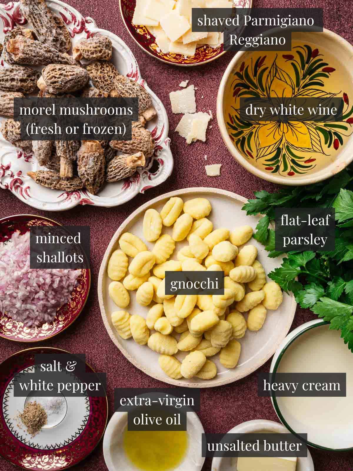 frozen morels, white wine, minced shallots, parsley, shaved Parmesan, gnocchi, heavy cream, olive oil, salt and pepper.