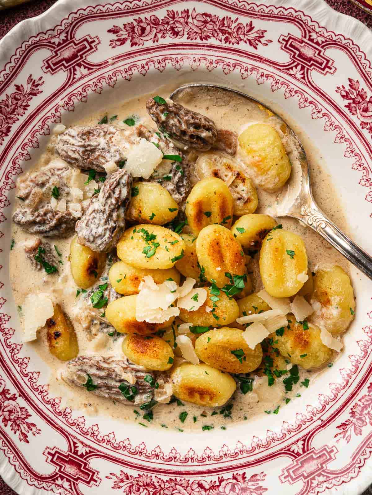 morel cream sauce topped with crispy gnocchi and Parmesan shavings with a spoon.
