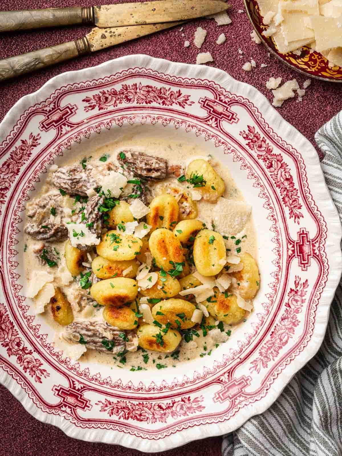 morel cream sauce topped with crispy gnocchi and Parmesan shavings in a vintage red plate.