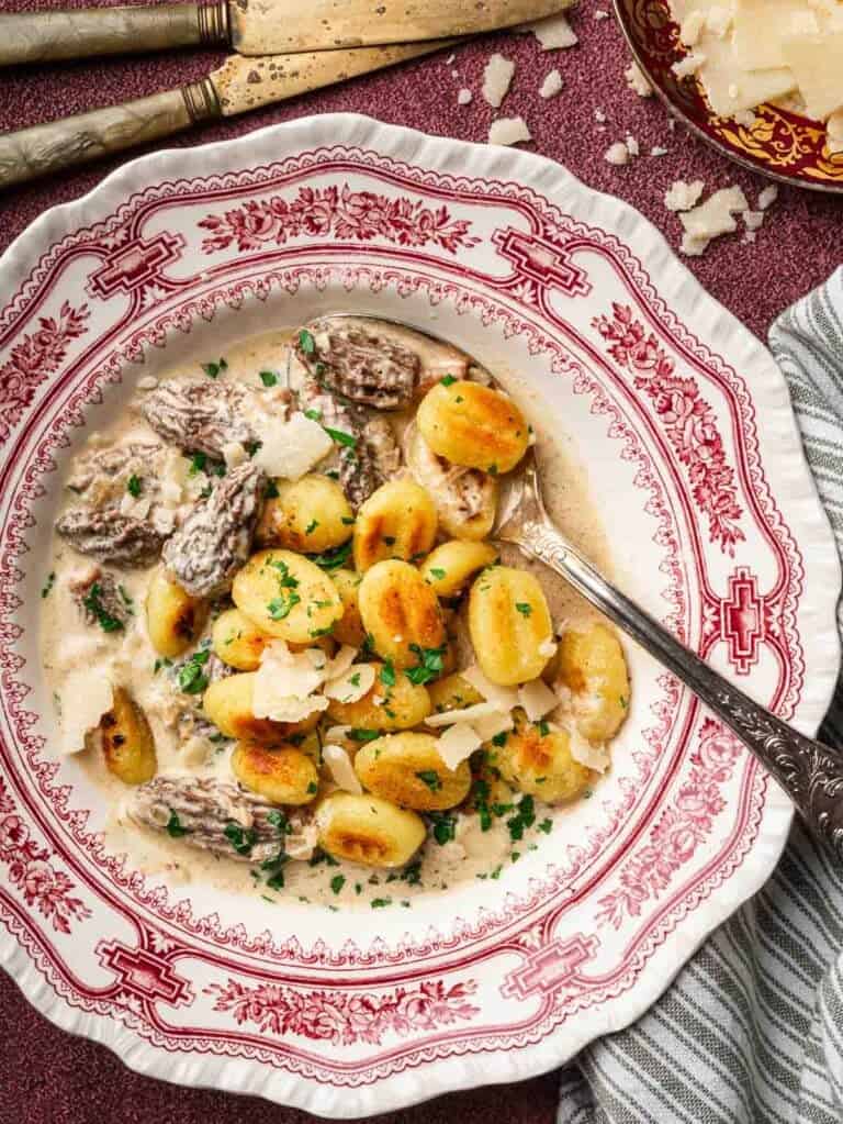 silky morel cream sauce topped with crispy gnocchi in a vintage red plate.