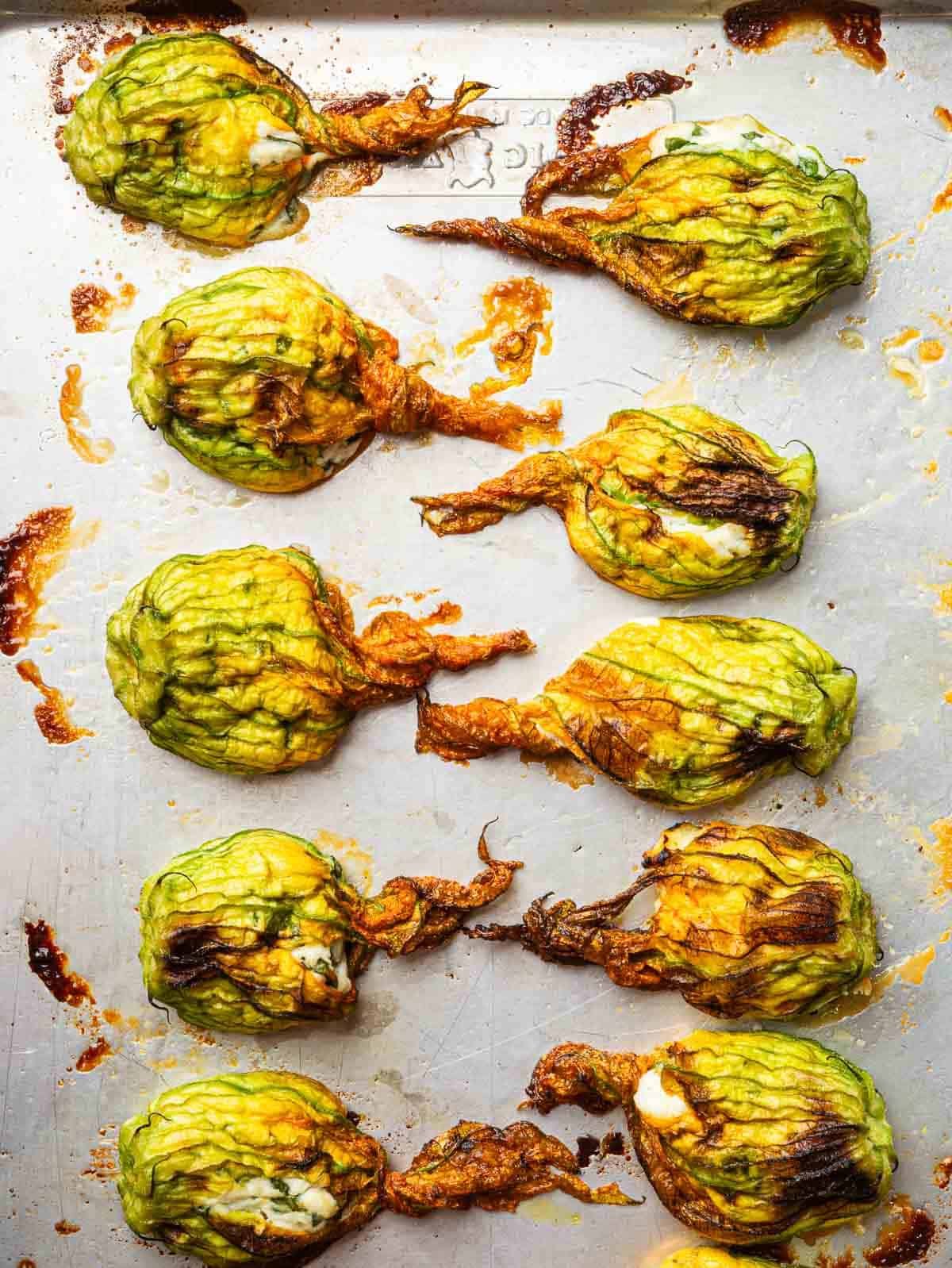 Roasted stuffed zucchini blossom on a baking sheet.