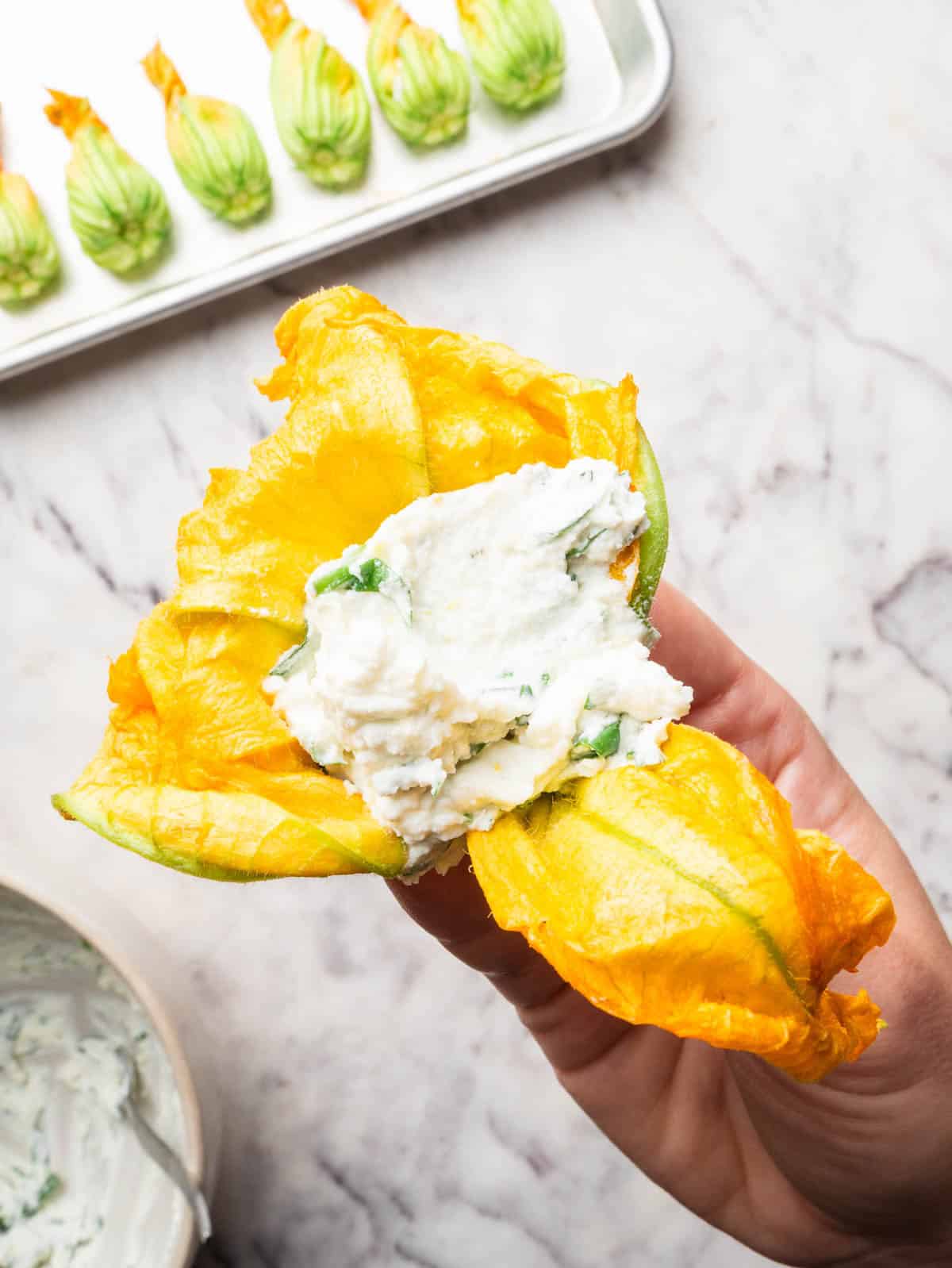 Raw zucchini blossom stuffed with ricotta basil filling.